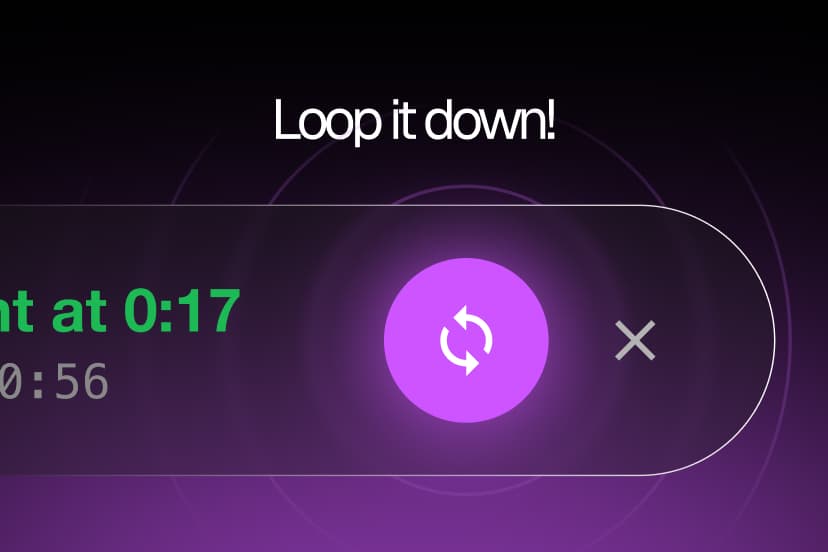 The moment bar up close: the start time in green, a round pink loop button and a close button.
