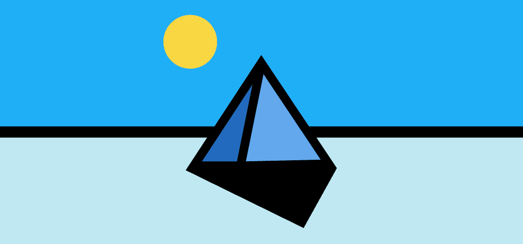 One tile up close: a sail shape outlined in thick black on a pale blue sea, under a yellow sun.