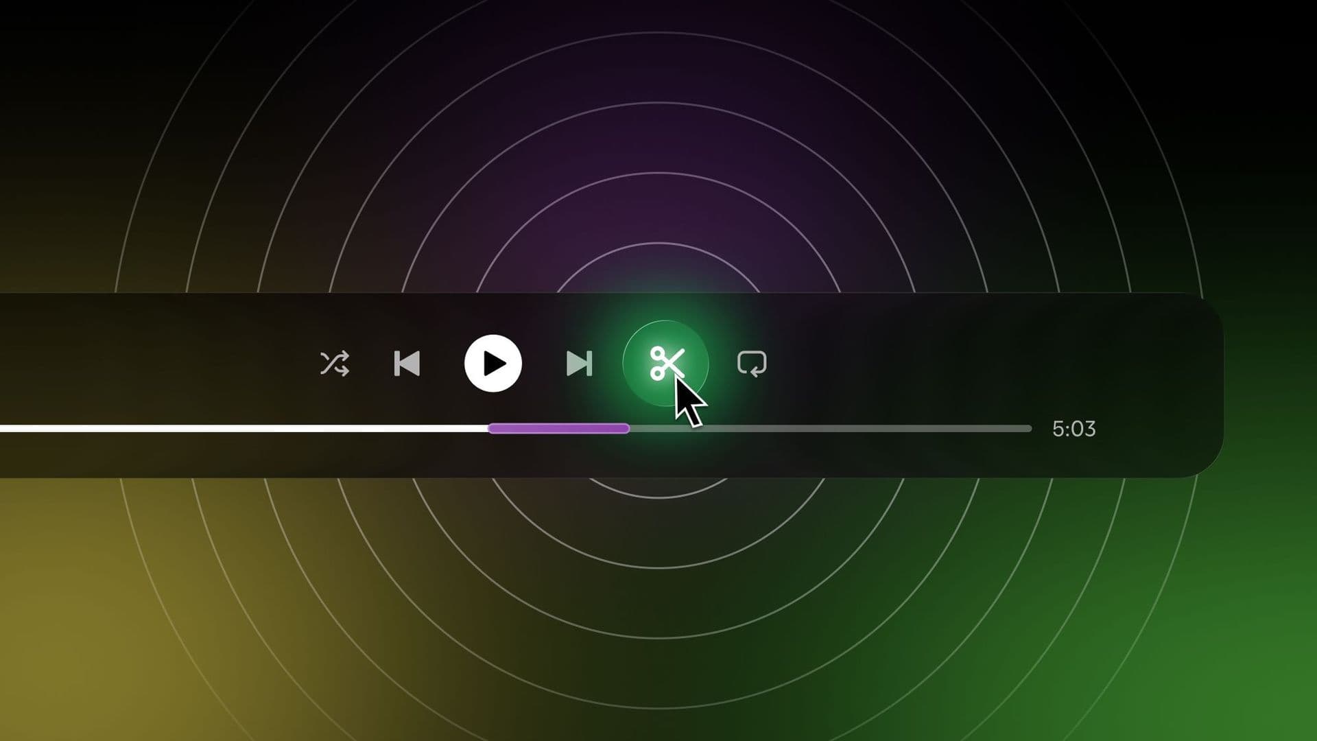 A music player bar with a glowing scissors button between skip and repeat, and a purple stretch marked on the progress bar.