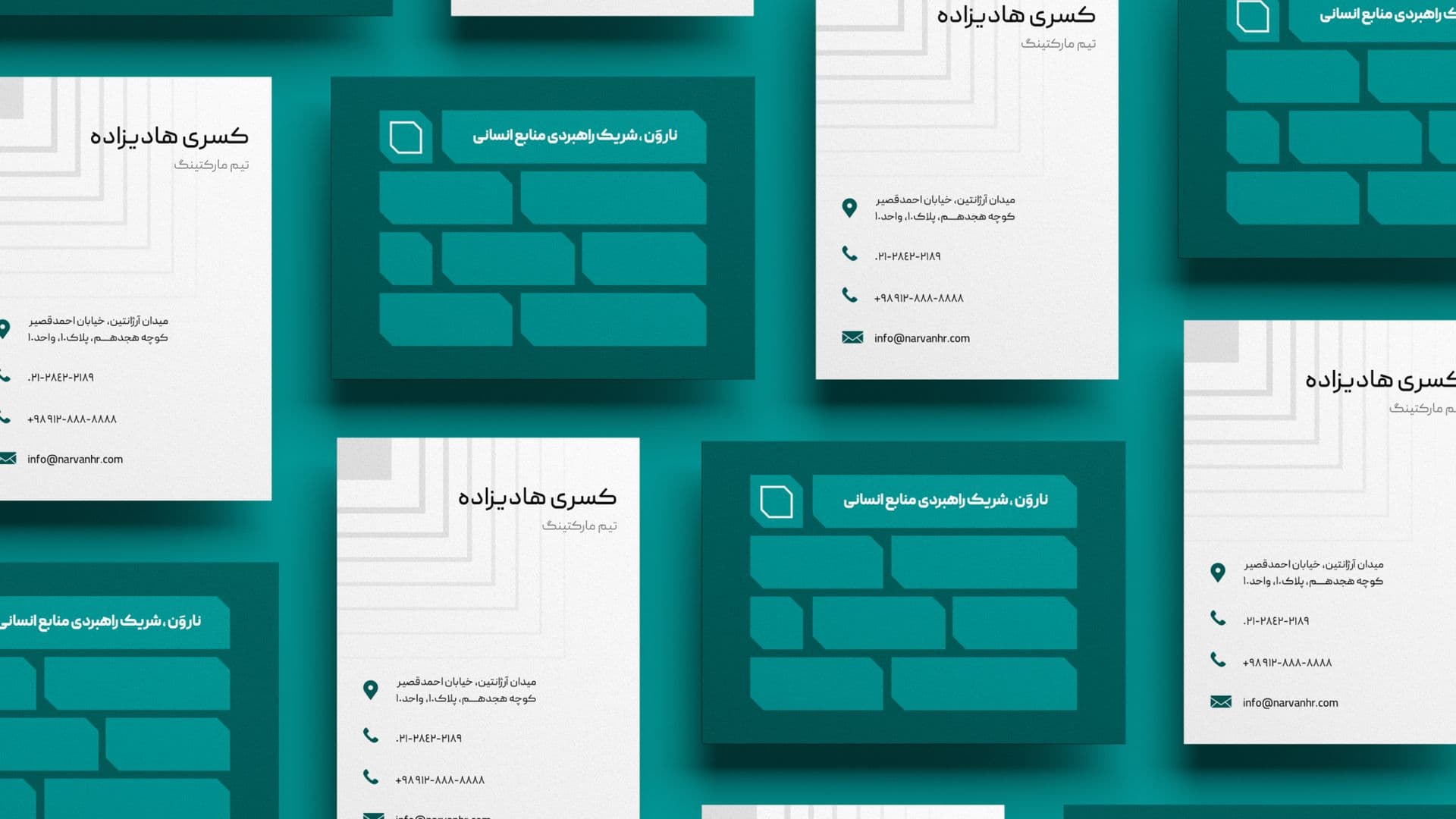 Narvan business cards scattered on teal: white fronts with Persian contact details, teal backs with a pattern of rounded bricks.