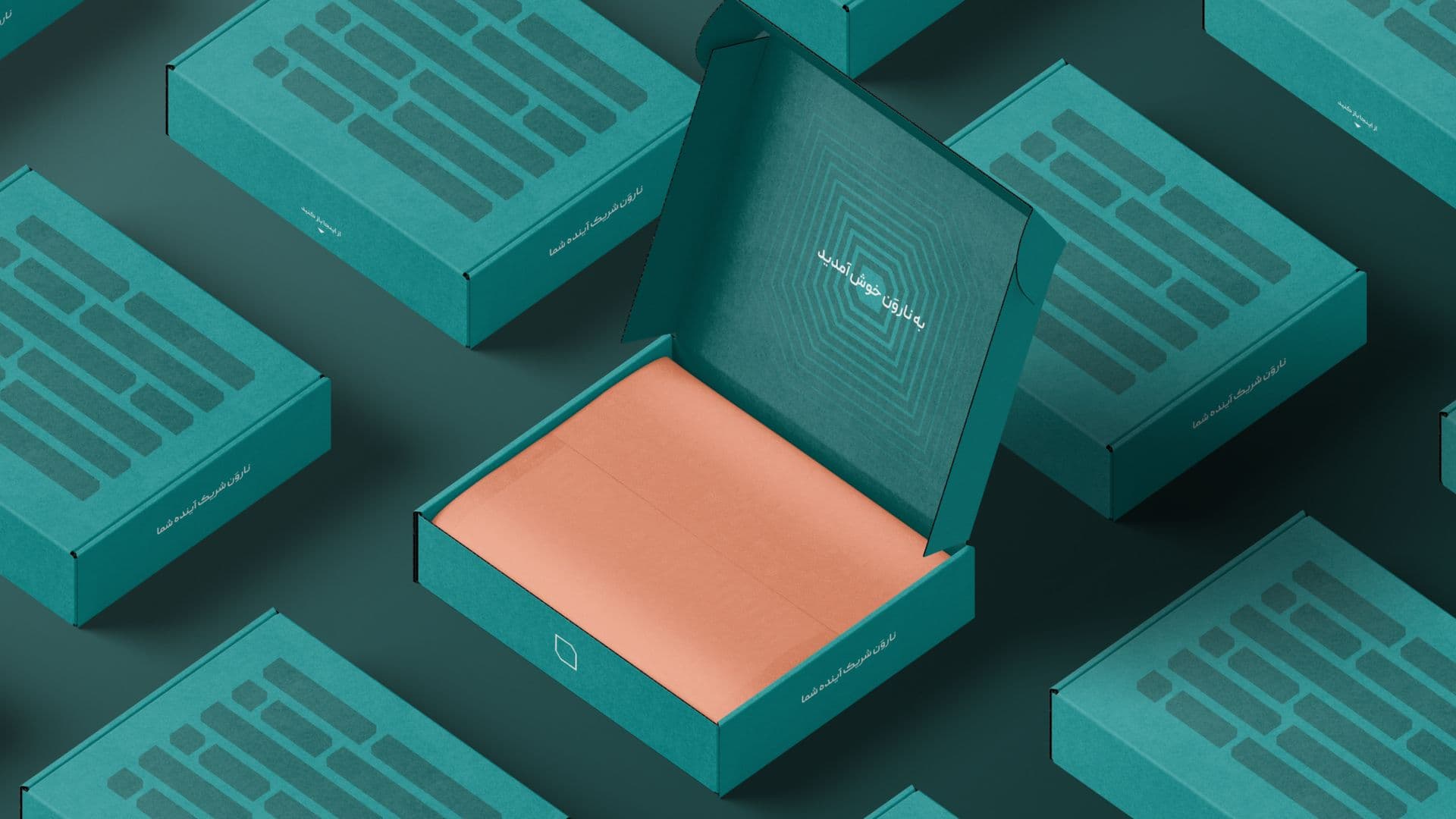 Teal Narvan boxes laid out in rows, one open to show orange tissue inside and the mark on its lid.