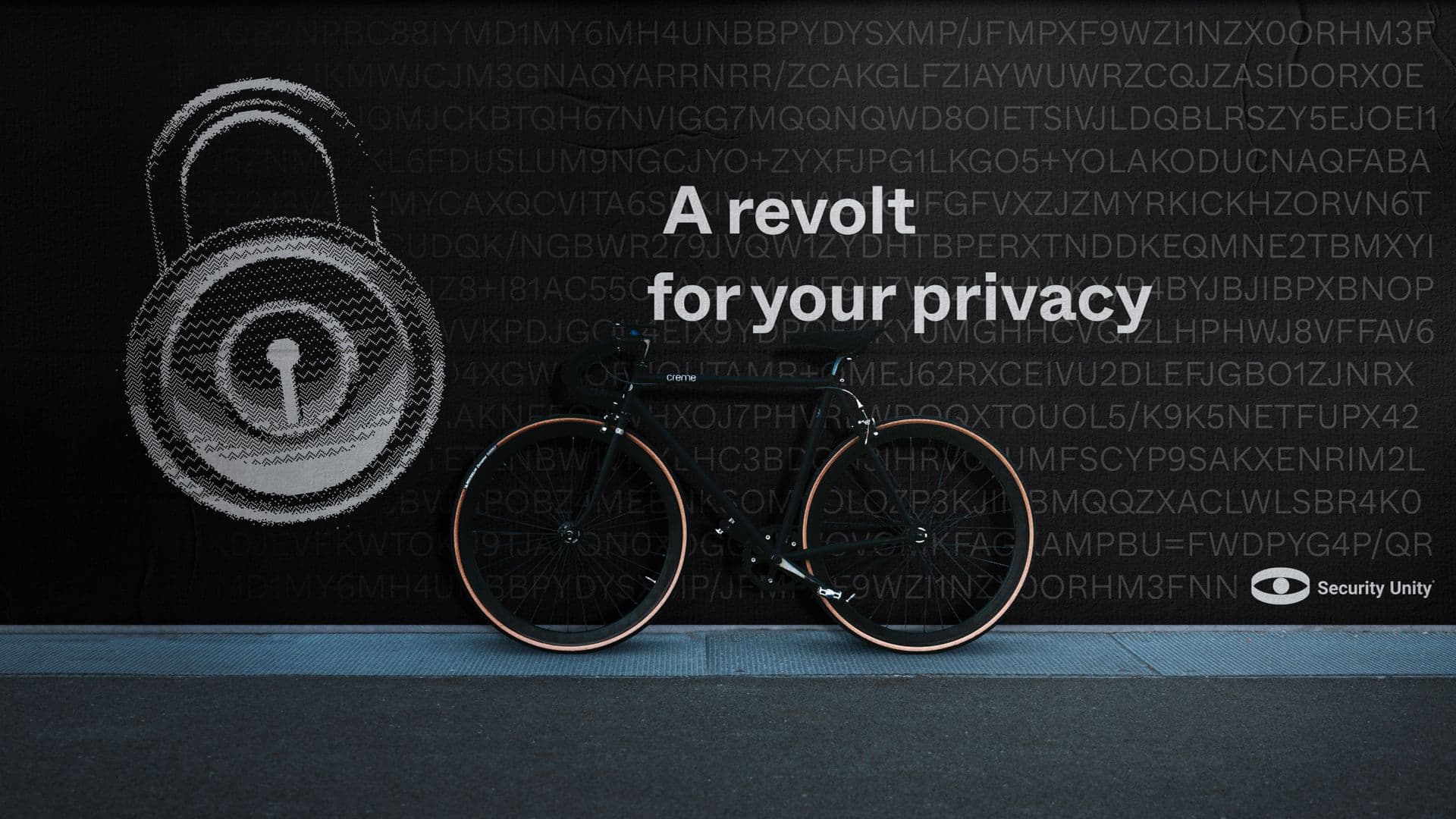 A Security Unity billboard reading "A revolt for your privacy": a padlock drawn in text over a bicycle against a dark wall of code.