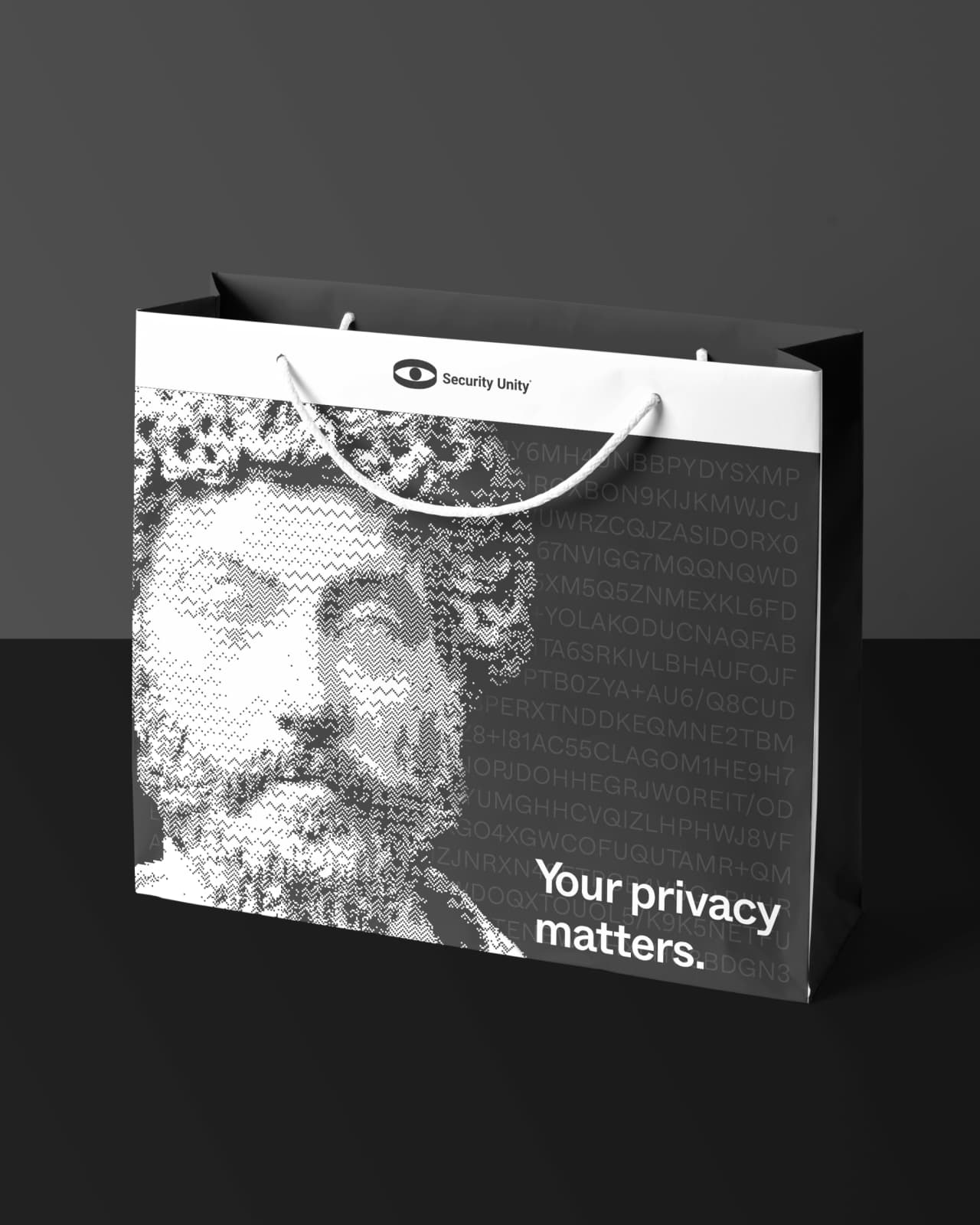 A Security Unity shopping bag printed with a classical bust made of text, and the line "Your privacy matters."