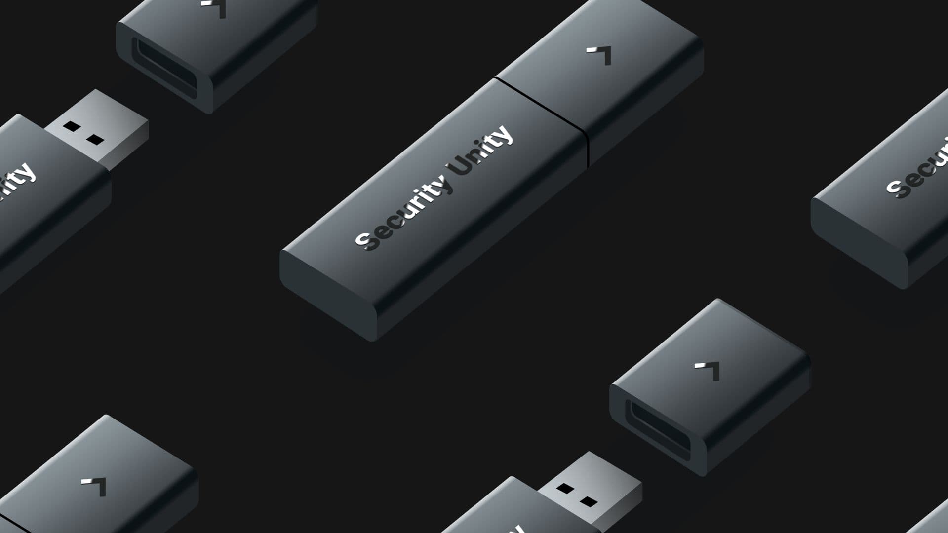 Dark grey USB drives scattered on black, the Security Unity wordmark on their sides.