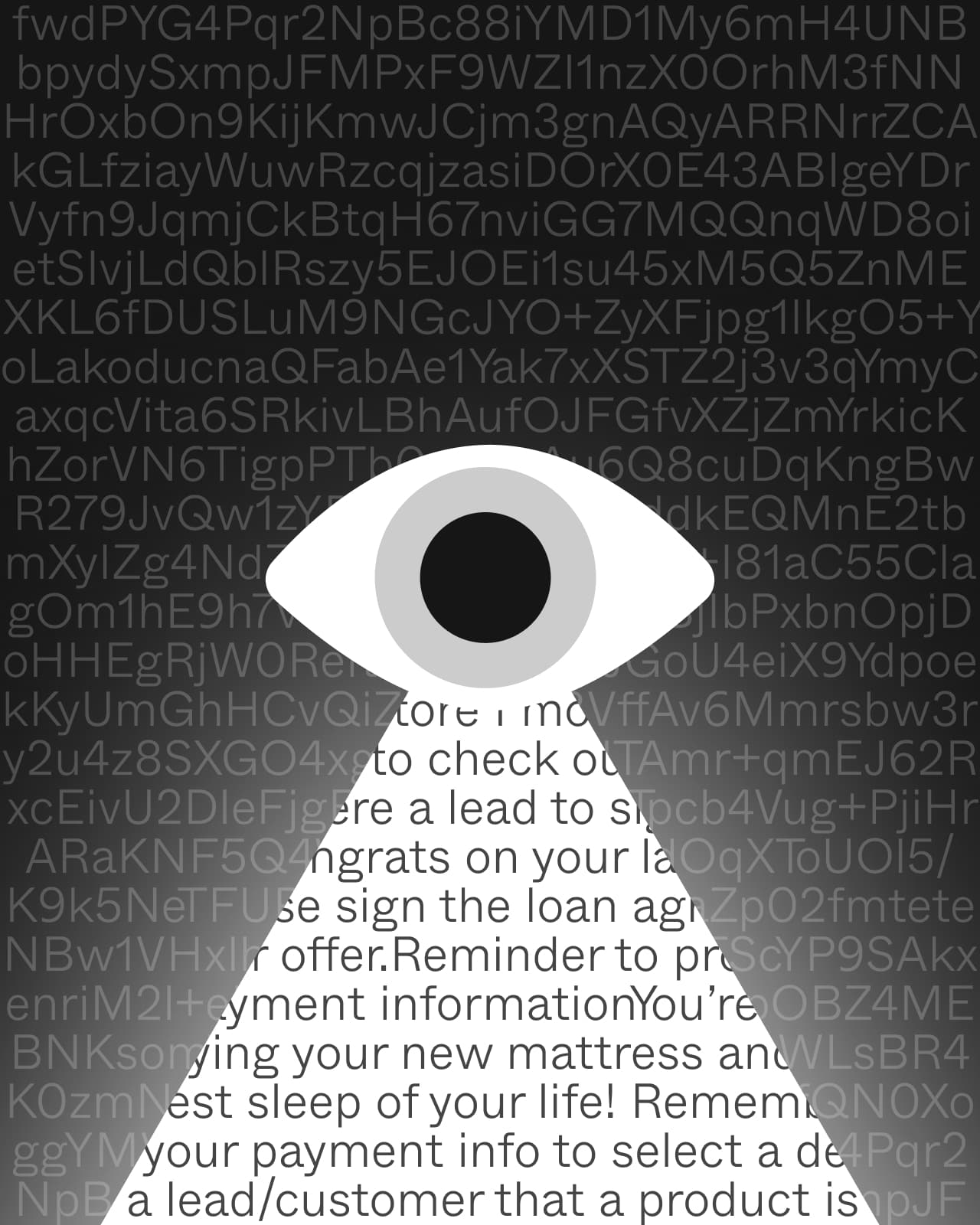 A white eye cut out of a page of dense code and message text.
