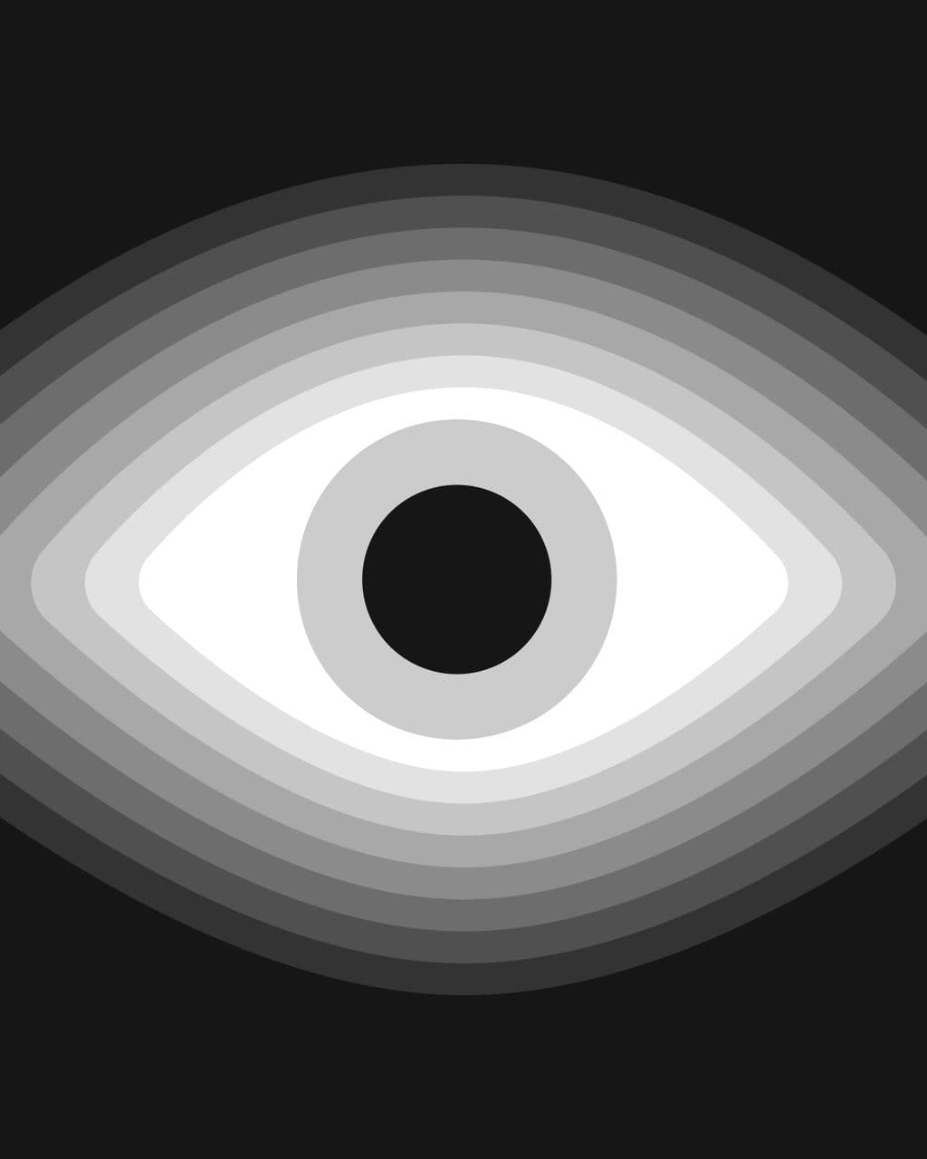 A white eye with a black pupil at the centre of grey concentric rings.