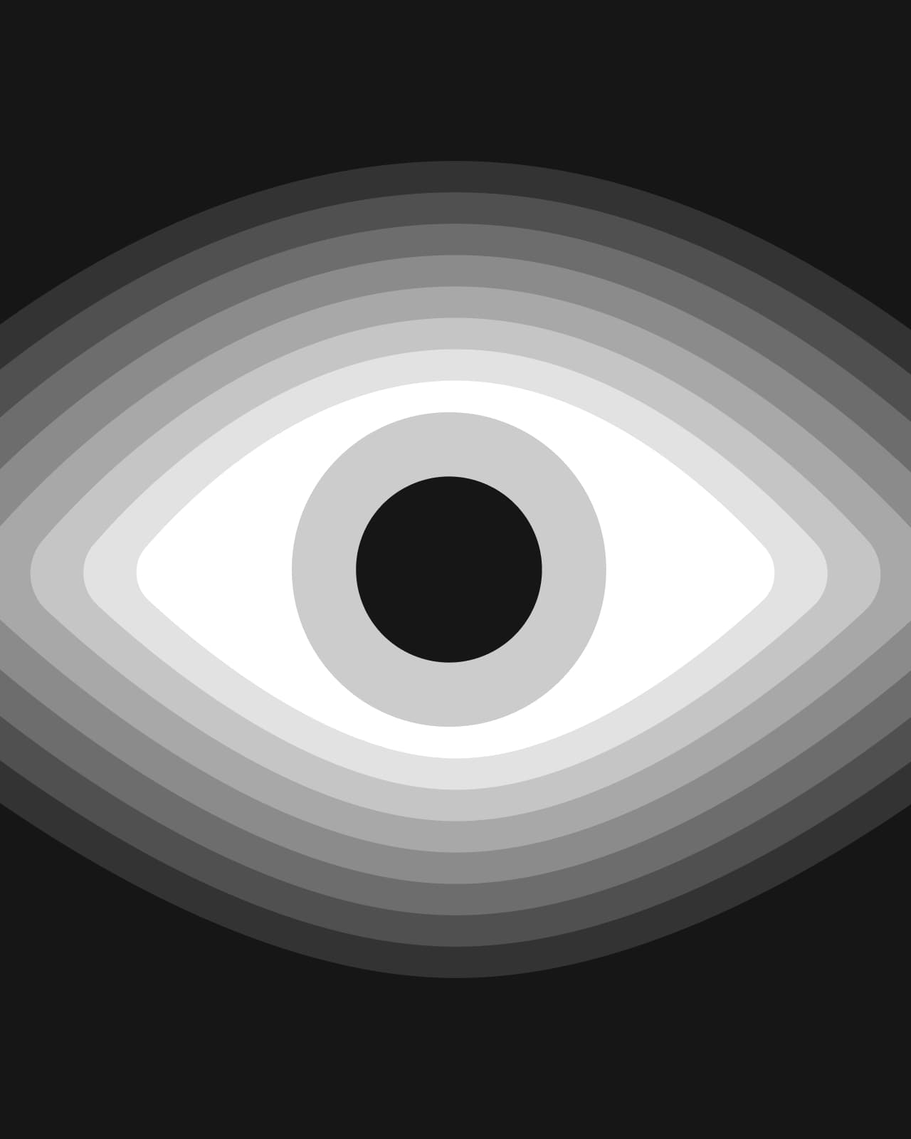 A white eye with a black pupil at the centre of grey concentric rings.