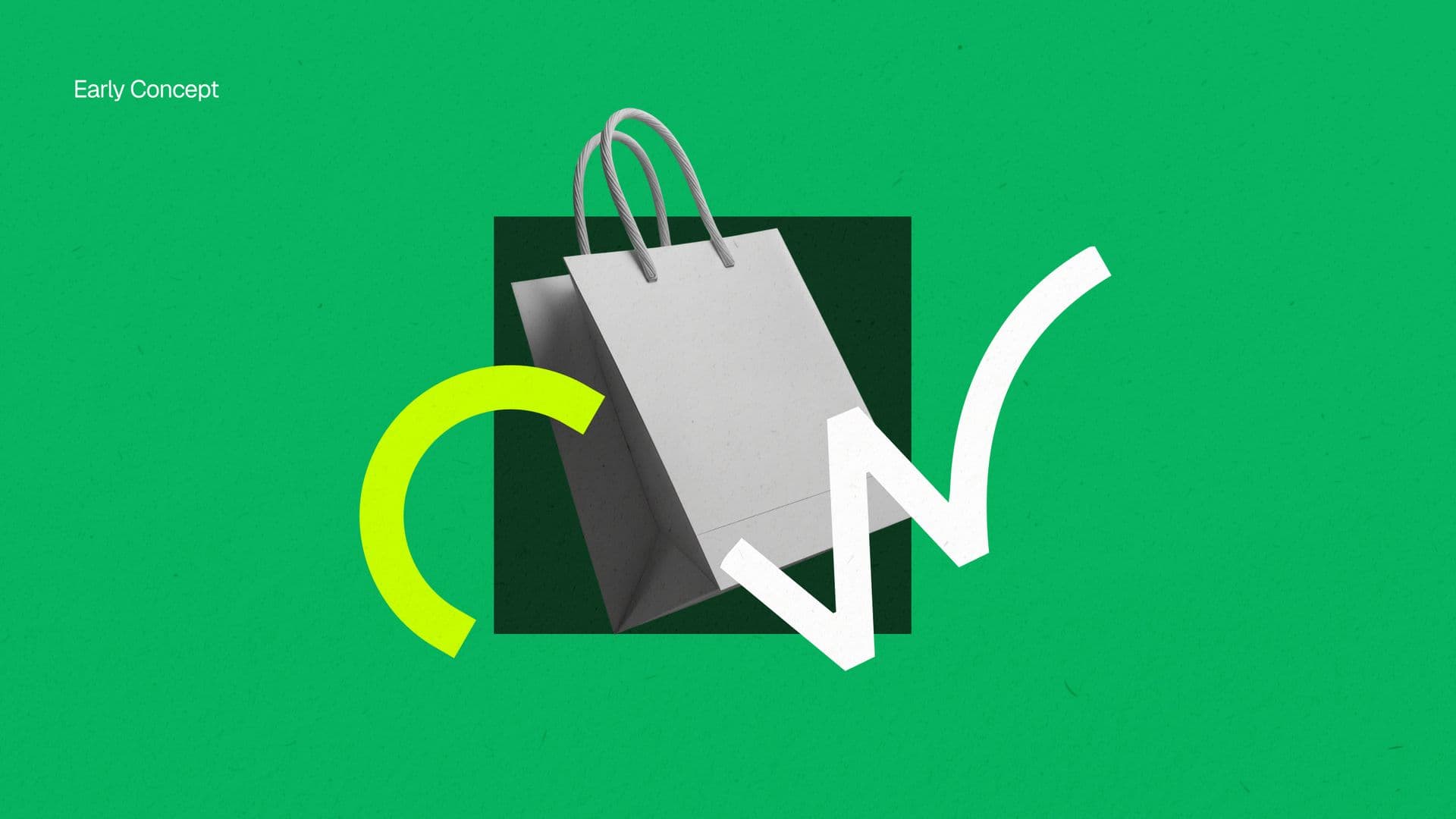 An early Shopino concept: a white shopping bag between a lime arc and a white tick, on green.