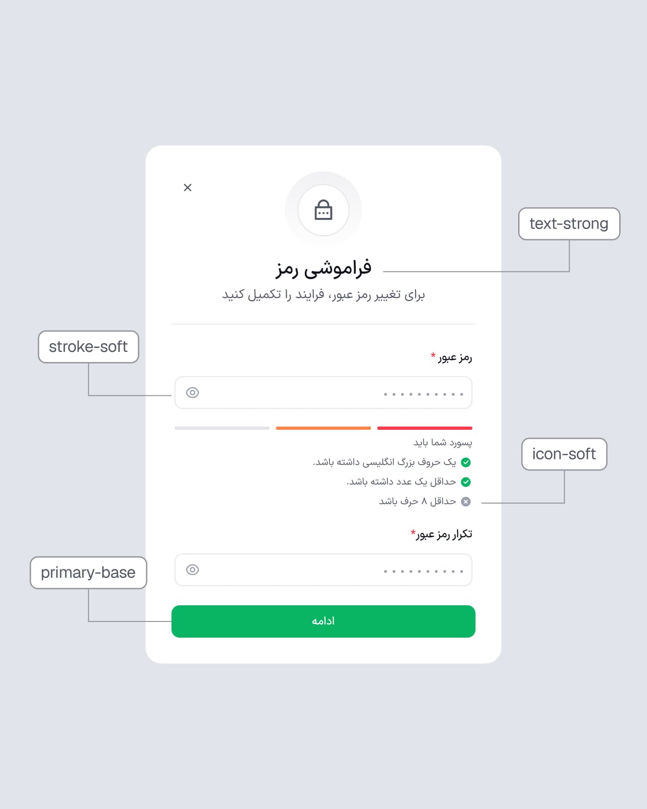 The password reset screen, with callouts naming the colour tokens on each field and button.