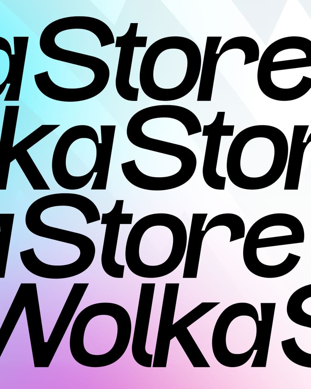 The WolkaStore wordmark repeated in huge black italic type over a pastel gradient.