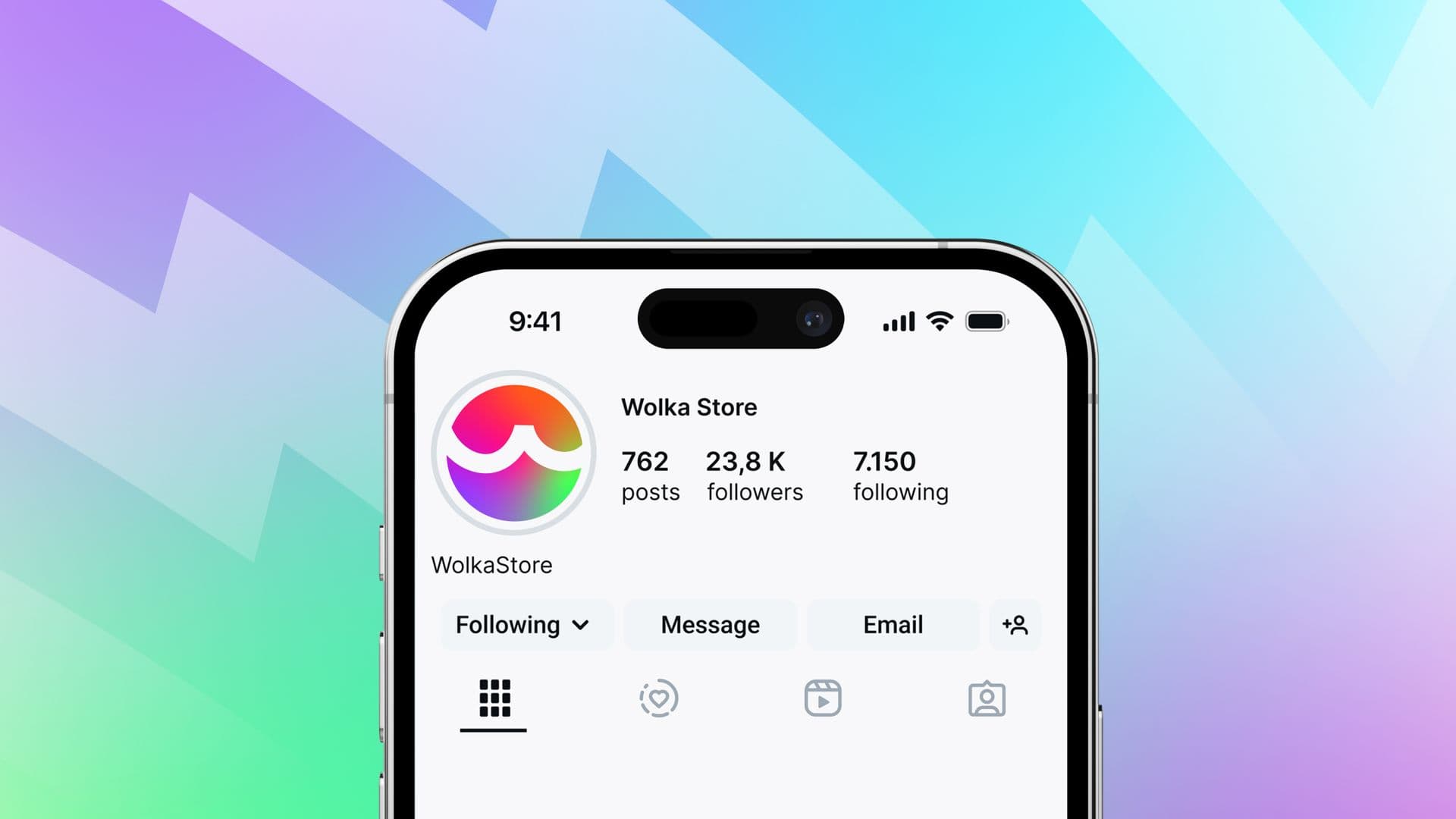 A phone showing WolkaStore's social profile, over a pastel zigzag background.