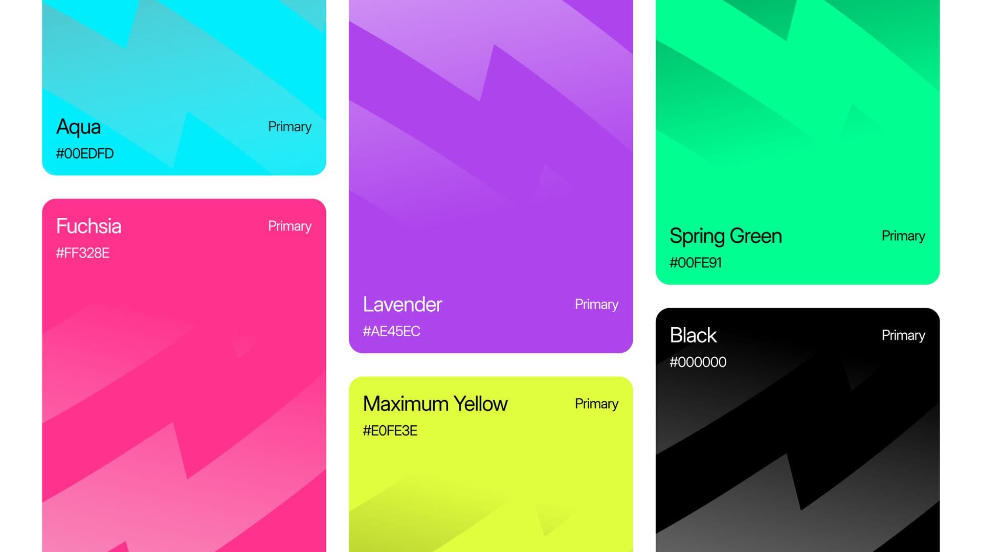 The WolkaStore palette as cards: Aqua, Fuchsia, Lavender, Maximum Yellow, Spring Green and Black.