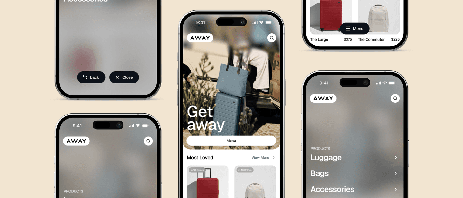 Phones showing the Away app redesign: a Get away home screen with a floating Menu button, the product menu and luggage cards.